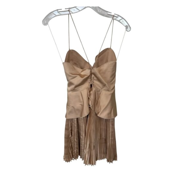 NWT Acler Willcocks Mini Dress Size 4 Tan Spaghetti Strap Pleated Lace-Up Back - Picture 12 of 13